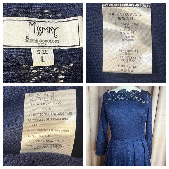 Missmay Navy Blue Lace Long Sleeve Cocktail Dress L Women Elegant Fit Homecoming - Picture 14 of 16